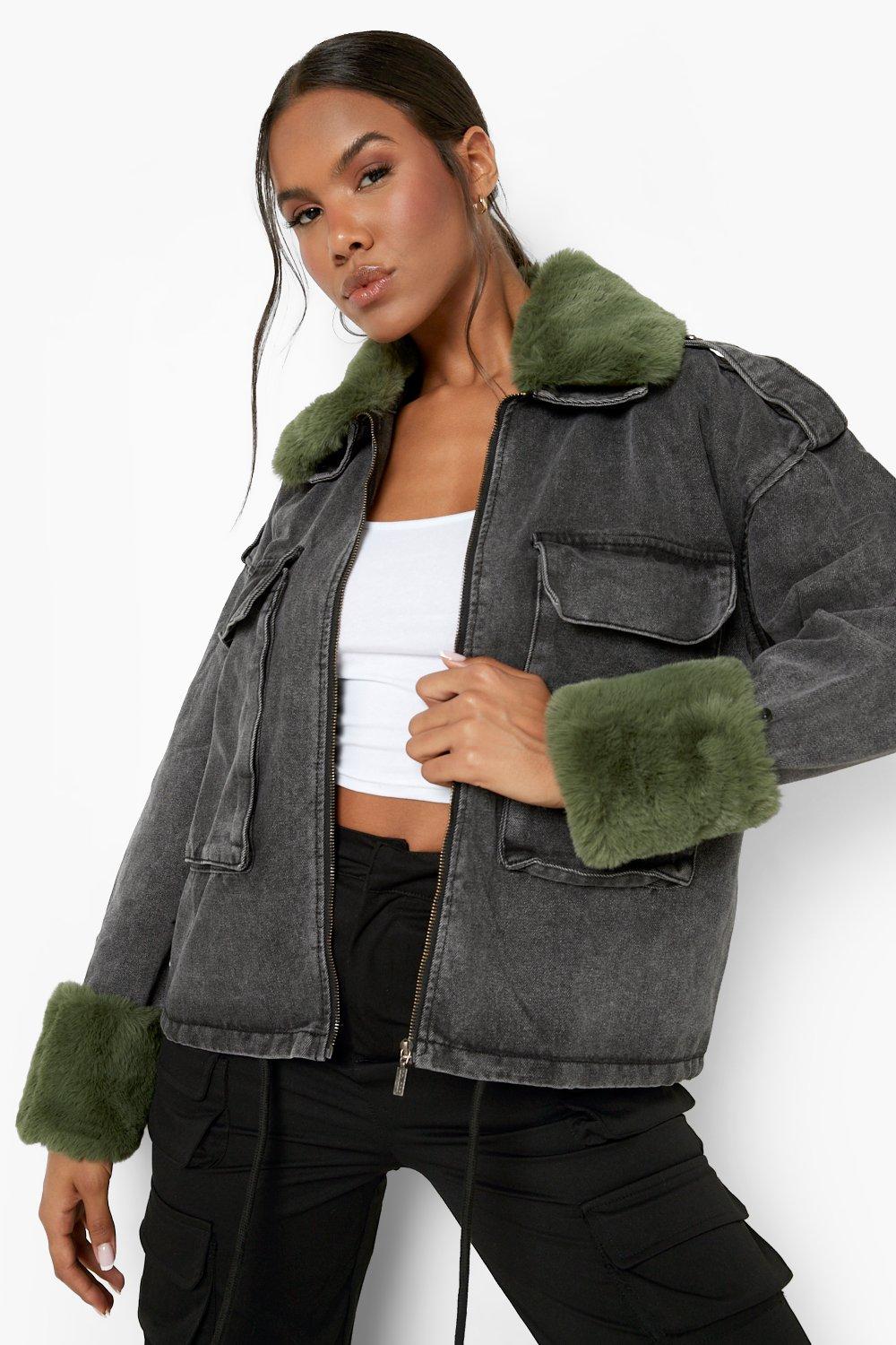 Faux shearling trim denim trucker outlet jacket